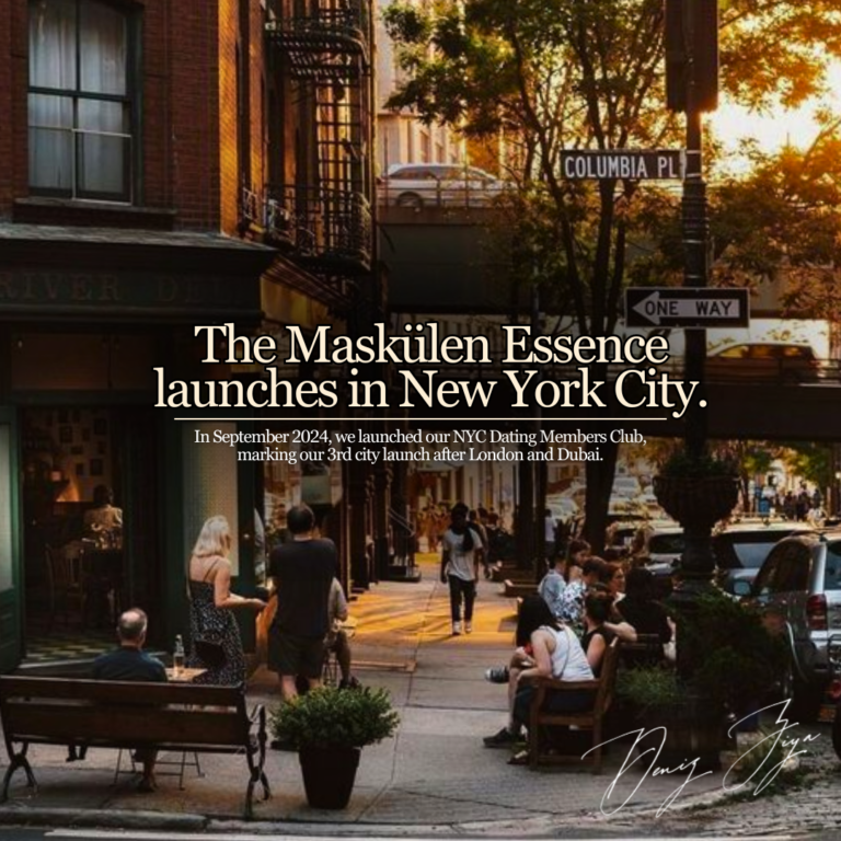 Sunlit New York City street scene with pedestrians and couples, announcing the launch of Maskülen Essence's NYC Dating Members Club in September 2024